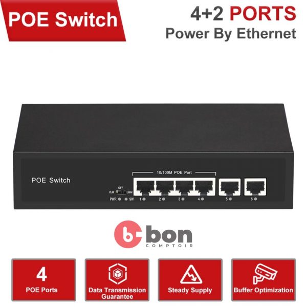 Switch POE/ Commutateur POE 2 + 4 Ports 10/100Mbps 48V 1A, alimentation sur Ethernet, pour caméra IP CCTV en vente au Cameroun 2023-09-22 2
